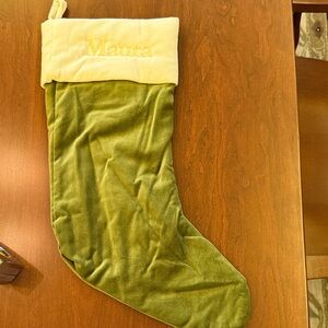 Pottery Barn Green and Cream Holiday Stocking personalized “Maura”